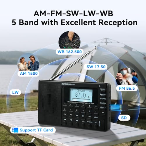 Retekess V115P Portable Shortwave Radio,Rechargeable AM FM SW WB Radio,Wireless Connection,1800mAh Battery,Digital Tuner,TF/AUX,Recording,Flashlight,Sleep Timer,Alarm Clock,for Emergency,Camping