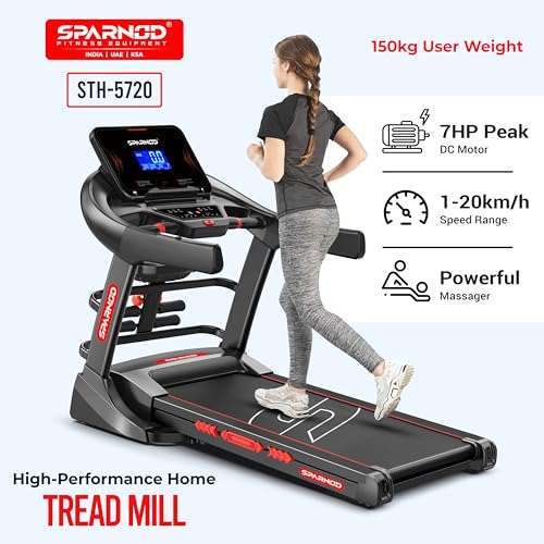 Image of Sparnod Fitness STH-5720 High-Performance Treadmill | 7HP Peak DC Motor | Auto Incline 22% | 1-20 km /h Speed | 7 inch LCD Display | Bluetooth Speaker | Hydraulic Fold | Running Machine for Gym Exercise