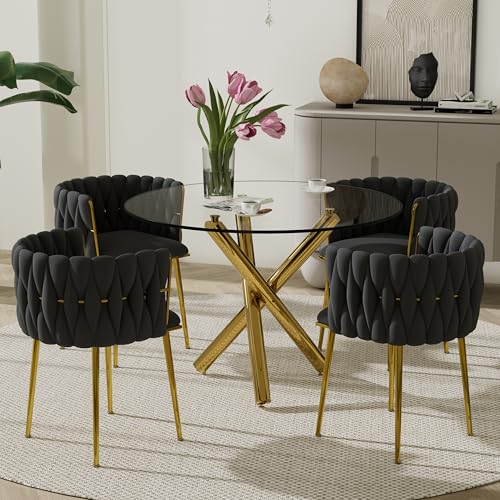 Small Clear Round Glass Top Dining Set for 4 5 Pcs Modern Gold Circle Dinner Room Set 36 Minimalist Luxury Circular Kitchen Table Set Black Woven Chair for Breakfast Nook Living Room