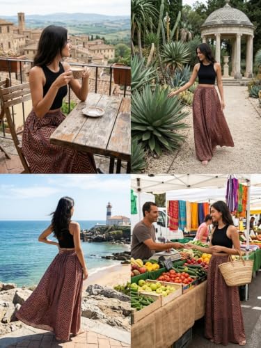 Image of GRECIILOOKS Women's Casual Summer Beach Skirts | Maxi Skirt for Women High Waist | Boho Ethnic Flared Skirts | Indian Long Skirt Rayon Printed | Elastic Waist Long Skirt's for Women