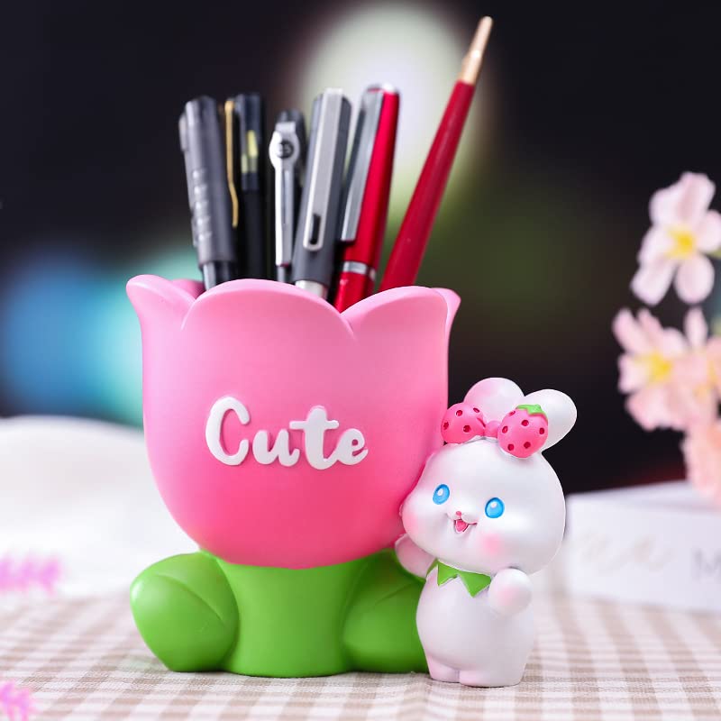 Portapenne a forma di coniglietto e fiore per scrivania in resina a forma di coniglietto carino porta pennelli da trucco per ufficio scuola casa scrivania organizzatore cancelleria regalo di