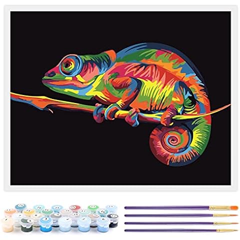Toudorp DIY Oil Painting by Numbers Animals, Canvas Oil Painting for Adults and Drawing Beginner Painting by Numbers with Brushes 16 x 20 Inches Colorful lizard Without Frame Cover