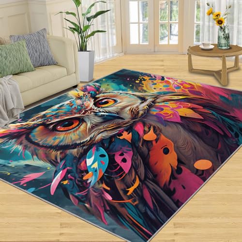 The Colorful owl Home Decor Rug Dances Alone in The Night, symbolizing Wisdom and Mystery. Cartoon Pattern Decorative Carpet. Washable, Soft, Durable, Low lint(2x3ft)