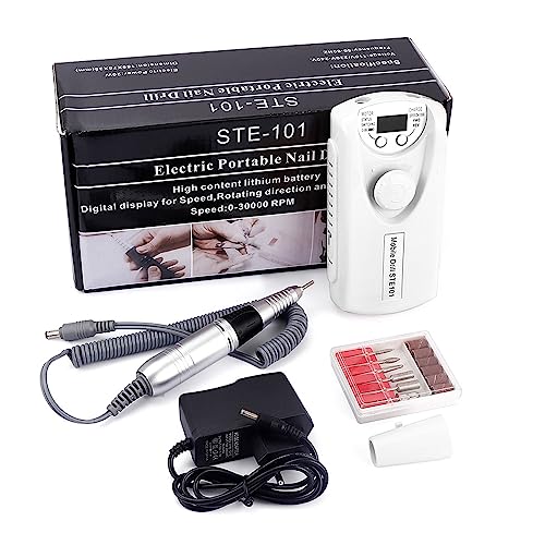 ZKLGS Torno para Uñas Taladro eléctrico de uñas de 30000RPM, Lima de uñas de manicura eléctrica Profesional Recargable portátil, Cortador de uñas de pedicura Profesional con Pantalla(STE101White)