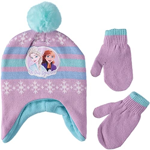 Disney Girls Toddler Winter Hat And Mittens Set Ages 2-4 Or Frozen 2 Elsa & Anna Hat And Kids Gloves Set For Ages 4-7 (Purple Stripe - Mittens, Age 2-4)