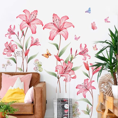 Vinilo Decorativo Flor Lily Grande Rosa con Mariposa miniatura 1