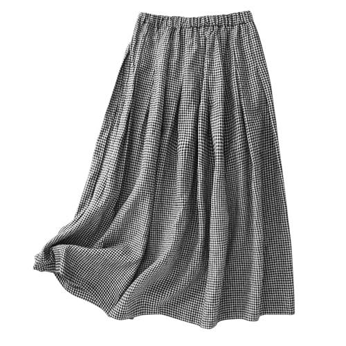 HGps8w Vintage Plaid Cotton Linen Skirt for Women 2025 Fall Elegant Elastic High Waist Loose A-Line Swing Casual Maxi Skirts