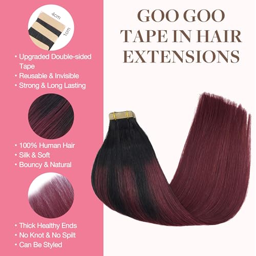 Image of GOO GOO Tape in Hair Extensions Human Hair, 1 /99 Balayage Jet Black to Red, 16inch 50g 20pcs, Thick Ends Straight Seamless Tape in, Invisible Tape in Hair Extensions Human Hair