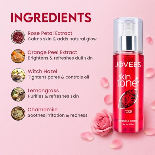 Image of Jovees Herbal Rose Skin Toner For Refreshing Youthful Skin, Tightens Pores, Healthy Glow | Face Mist & Toner For Normal to Dry Skin | Paraben, Alcohol And Chemical Free- 200ml