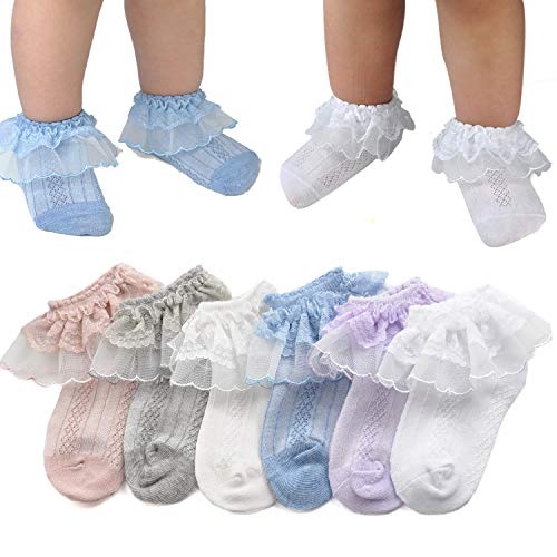 Epeius Little Girls' Princess Lace Top Dressy Socks Kids Girls Breathable Sox,White/Off white/Grey/Duty Pink/Blue/Purple for 6-8 Years (Pack of 6)