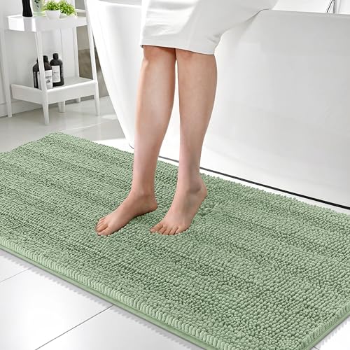Image of OLANLY Thick Bathroom Runner Rugs 59x24, Absorbent Chenille Striped Bath Rugs, Rubber Backing, Machine Wash, Extra Long Bath Mats for Bathroom Floor, Tub and Shower, Home Decor Accessories, Sage Green