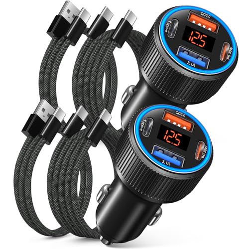 65W 4 Port Super Fast Type C Car Charger USB C for Samsung S25 S24 S23 Ultra A53 A16, iPhone 17 16 15 PD/QC 3.0 Fast Charging 12V Car Cigarette Lighter Adapter with Voltage Meter+4 Pack USB-C Cables