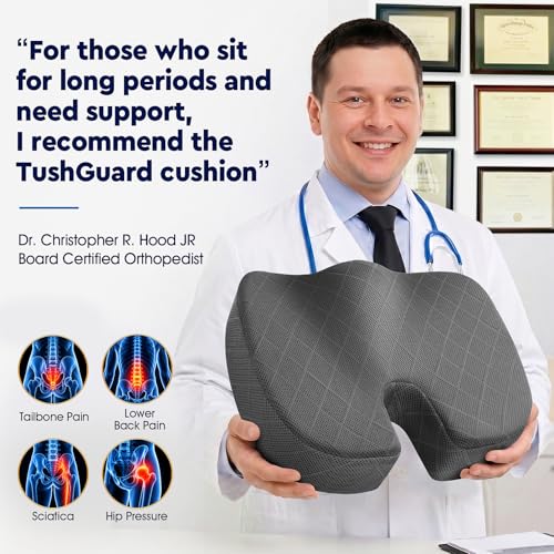 Image of TushGuard Seat Cushion - Memory Foam Sitting Pillow for Office Chair, Car Seat, Airplane, Bleacher - Sciatica & Hip & Coccyx Pain Relief Desk Chair Cushion for Long Sitting Office Workers, Car Drivers
