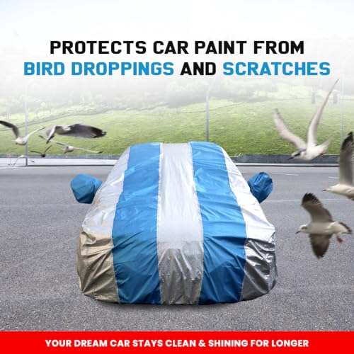 Image of i10 Waterproof Car Cover with Mirror Pockets, Silver /Blue Stripes Design, Non Woven Fabric,Triple Stitched, Compatible with Hyundai i10 Car Cover (2007 to 2017), i10 Car Accessories