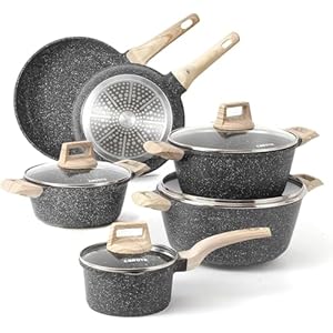 Carote Nonstick Granite Cookware Sets 10Pcs Stone Cookware Set, Non Stick Frying pan Set, pots and Pans Set Suitable for All Stoves (Granite, Induction Kitchen Cookware)
