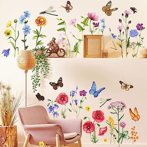 Timelesslong Large Flowers Wall Stickers for Living Room Bedroom Vinyl Dragonflies Wall Decals Removable Wildflower Wall Murals Peel and Stick Floral Wall Decor Art Wallpaper for Adult Room Office - Image 4