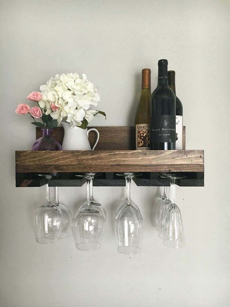 Wood Wine Rack | Wall Mounted Shelf & Stemware Glass Holder Organizer Unique Rustic 5 Glass Holder and 8 Bottle Holder-image-16