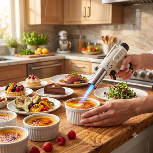 Image of Professional Kitchen Butane Torch Lighter, Refillable Blow Torch for Cooking, Adjustable Flame Creme Brulee Torch, Reverse Use for BBQ, Baking, Soldering & Camping (Butane Gas Not Included)