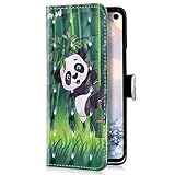 Uposao Kompatibel mit LG V50 ThinQ Handyhülle Luxus Glitzer Leder Hülle Brieftasche Wallet Case Flip Schutzhülle Tasche Bookstyle Klapphülle Magnetisch Kartenfach Ständer,Panda