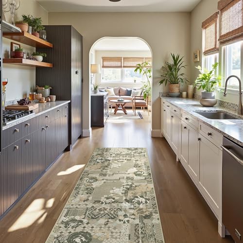 GENIMO Floral Runner Rug 2X6, Machine Washable Non Slip Vintage Patchwork Hallway Runner, Ultra-Thin Low Pile Runners for Indoor Entryway, Hallway, Kitchen and Corridor, Taupe Gray