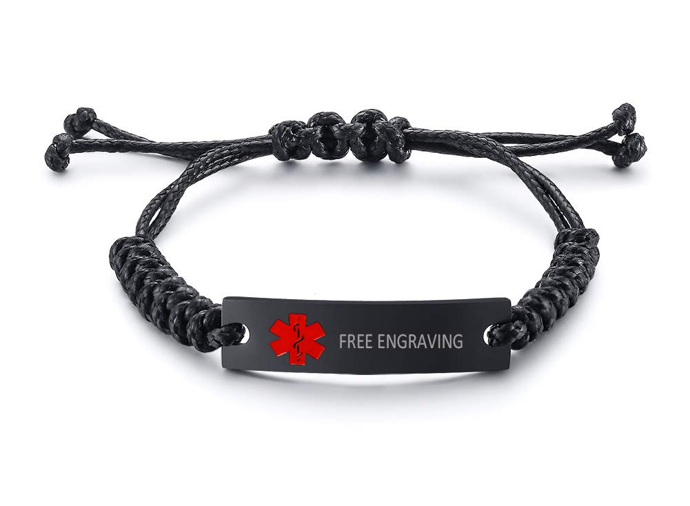 VNOX Customised Handmade Braided Wax Rope Stainless Steel Emergency Medical Alert ID Tag Adjustable Bracelet Bangle for Men Women,Free Engraving
