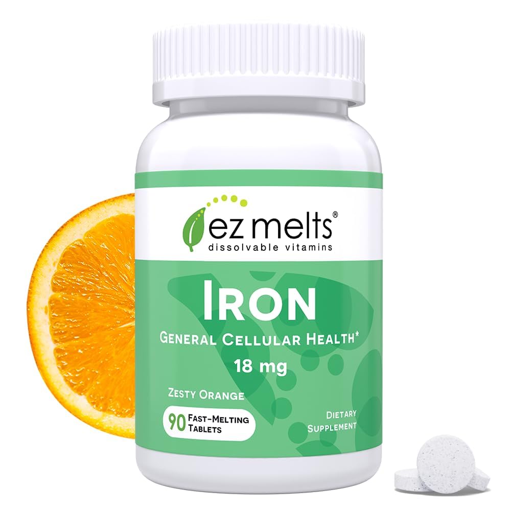 EZ Melts Iron - Supplement for Daily Energy & Iron Support - with Vitamin C - No Artificial Flavors - Non-GMO & Vegan - Zesty Orange - 90 Dissolvable Tablets (90 Servings)