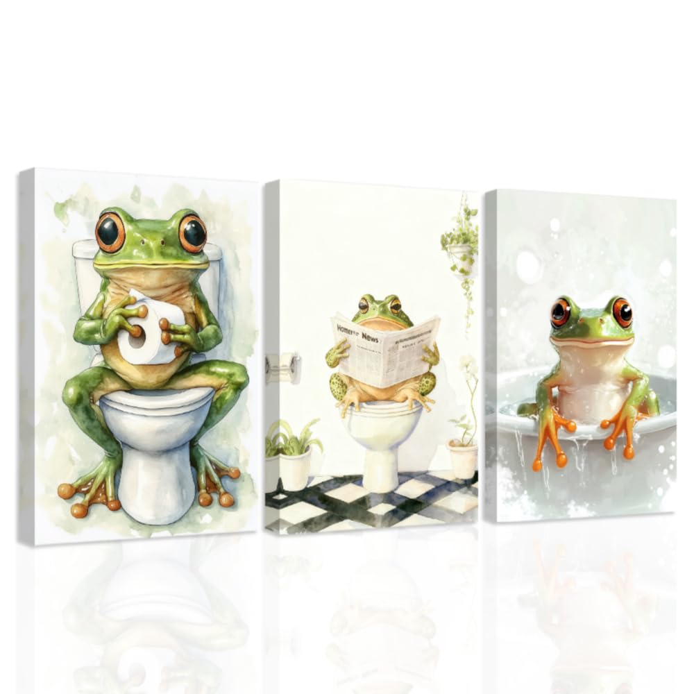 CCWORKERRY Frog Bathroom Picture Wall Art Cute Frog Sitting on Toilet Canvas Prints Set 3 Humorous Bathroom Sign Painting Restroom Decor Framed(11" x 14"x3P)