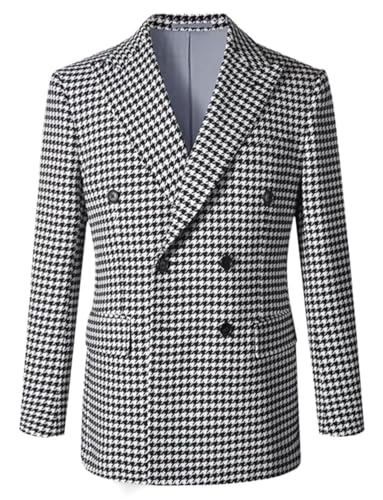 Men's Daily Houndstooth Suit Blazer Double Breasted Buttons Jacket Peak Lapel Leisure Tuxedos Coat