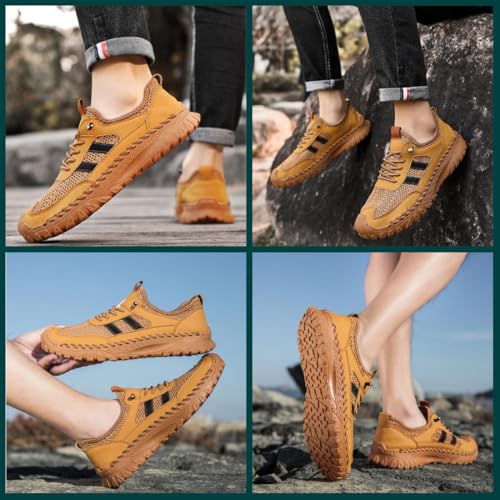 Zenfaze Men's Slip-On Orthopedic Leather Hiking Shoes,Summer Handmade Breathable Outdoor Lightweight Mesh Casual Sneakers3