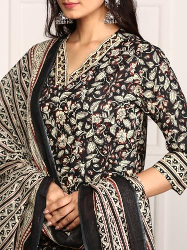 Image of ishin Kalamkari Embellished Cotton Kurta with Afghani Pants & Flowy Mulmul Dupatta | Kurta set for women | Kurta with trousers and dupatta