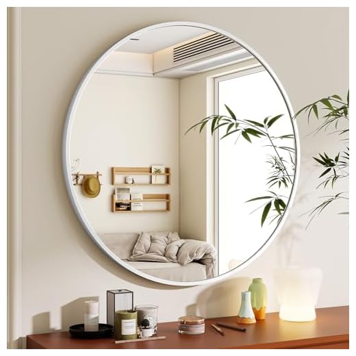 BEAUTYPEAK 60 cm Runder Spiegel in Weiß, Rund Dekorativer Wandspiegel mit Aluminiumrahmen, Bruchsicherer Badezimmer Spiegel zum Aufhängen und Anlehnen, Wandspiegel für Schlafzimmer, Bad, Wohnzimmer