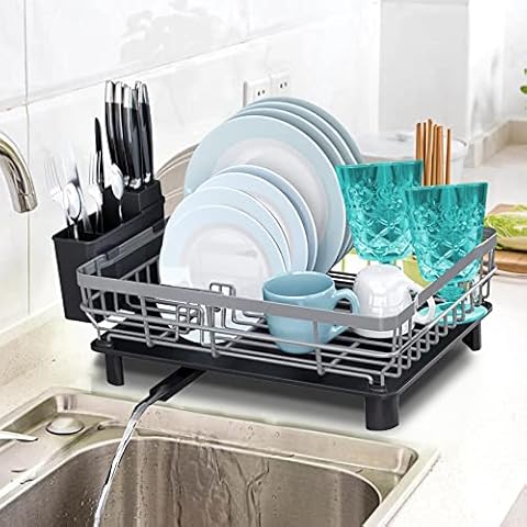 PEALOV Sink Drainer Rack with Drip Tray,Dish Drainer Rack with Drip Tray,with Adjustable Swivel Spout,Cup Holder,Utensil Holder,Dish Racks for Kitchen Counter,Kitchen Drying Rack Cover