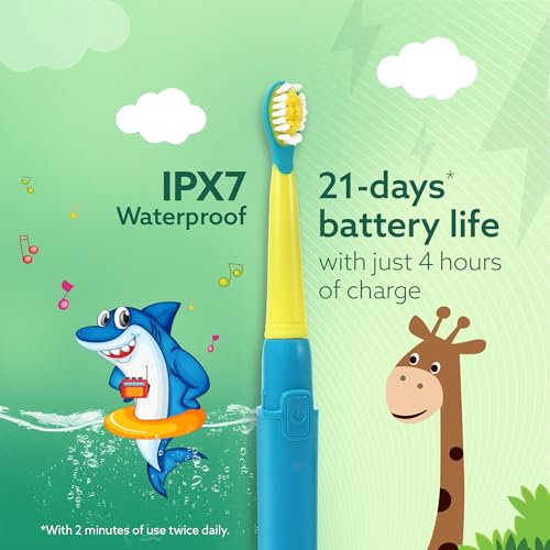 Image of AGARO REX Sonic Electric Kids Toothbrush with 3 Brushing Modes & Rechargeable Battery, Power Tooth Brush, (Blue)