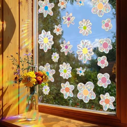 Muorruo 22 Bunte Selbstklebende Fensteraufkleber mit Blumenmuster aus prismatischem Vinyl Vogelschutz Regenbogenreflexion Sonnenfänger-Aufkleber im Blumenstil für Glasfenster