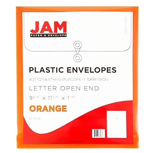 Jam Paper Plastic Envelopes With Button & String Tie Closure - Letter Open End - 9 3/4 X 11 3/4 - Bright Orange - 12/Pack #TOP4