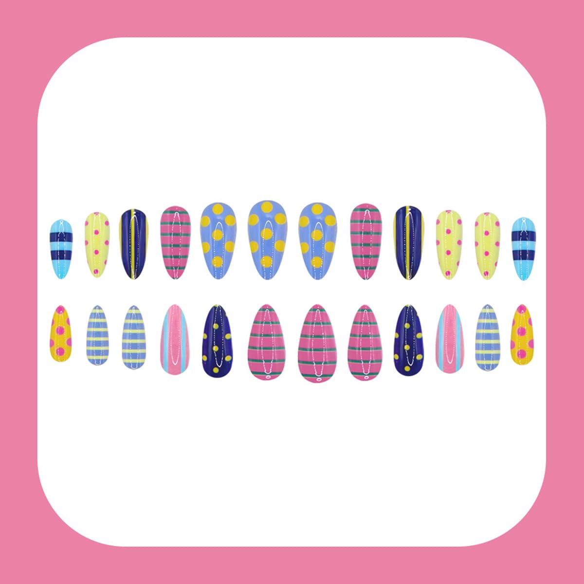Summer Dots Press on Nails Short Almond Fake Nails Press ons Acrylic Nail Art Tips Glossy Glue on Nails with Colorful Stripes False Nails Full Cover Stick on Nail Supplies for Women 24Pcs
