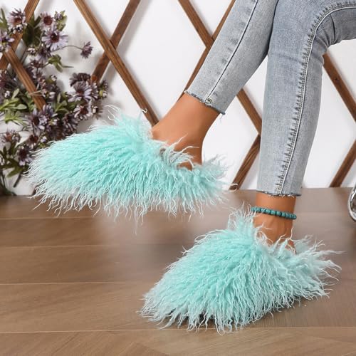 Image of Unisex Fuzzy Faux Fur Slippers, Women's Fluffy Long Hair Sheep Faux Fur Slip on Slides, Girls Luxury Big Fluffy Outdoor Flat Slippers, Long Curly Hair Non-Slip Warm Home Slide Shoes
