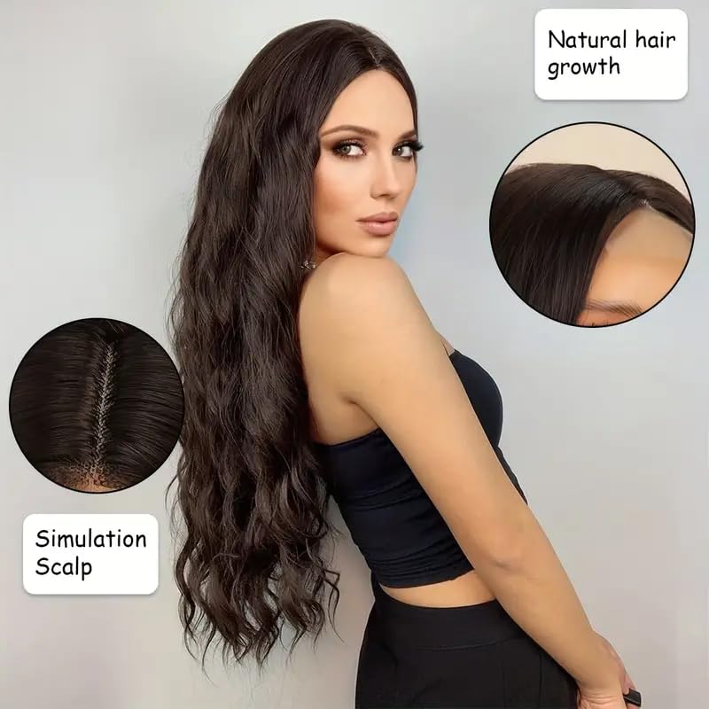 Image of Wavy Hair Wig For Women Dark Brown | Heat Resistant Synthetic Hairs | Long Hairs | Natural hairs Wigs | 26 Inch Long Hairs | Washable | WigCap & Hair Brush (pack of 1)