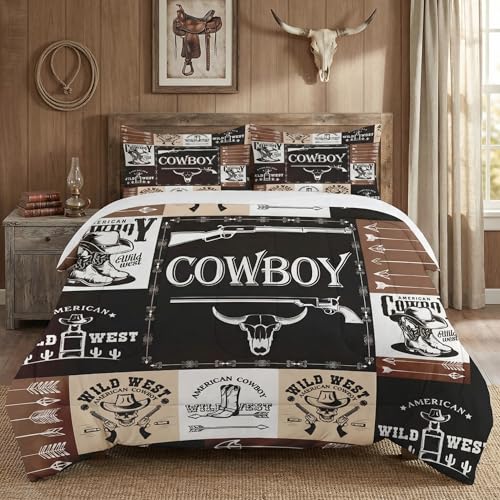 WeCozy Full Size Comforter Set with 2 Pillowcases, Country Retro Animal Soft 3 Pcs Bedding for Kids and Adults, Vintage Cowboy Western Comforter Set for Bedroom Bed Decor