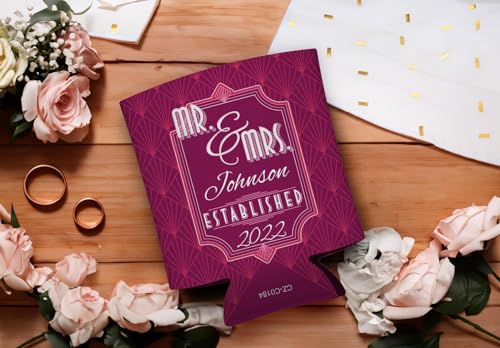 Personalized Wedding Favor Mr & Mrs Custom Name and Established Date 96-Pack Personalized Can Drink Sleeves Party Pack Plum Crazy