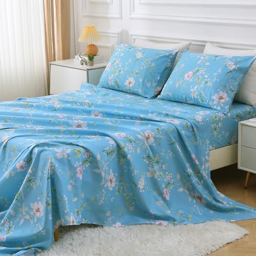 Image of MUXHOMO Queen Size 4 Piece Sheet Set, Soft & Breathable Sheet for Bedroom with Deep Pocket Up to 16 inch, Wrinkle-Free & Cooling Bed Sheet with Flat Sheet, Fitted Sheet & Pillowcases - Magnolia Blossom