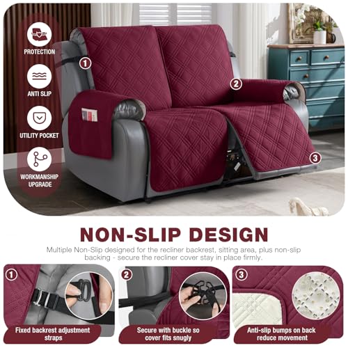 Image of TAOCOCO 100% Waterproof Loveseat Recliner Cover, Non Slip Split Loveseat Covers for Reclining Loveseat with Elastic Straps, Washable Recliner Chair /Furniture Protector for Pets(2 Seater, Wine)