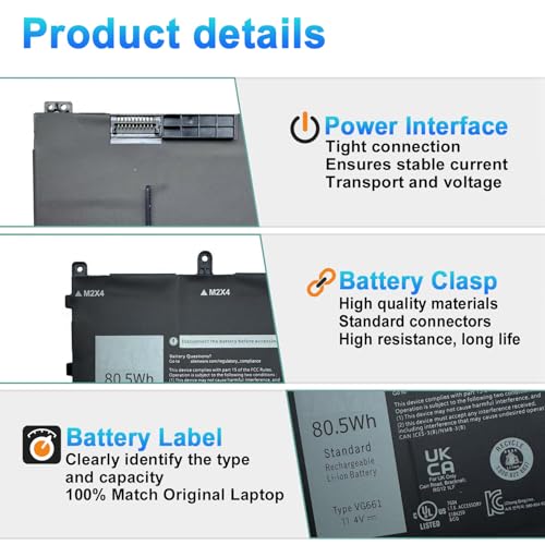 Image of VG661 Laptop Battery for Dell Alienware X14 R1 R2 Series(P150G) | V4N84 0V4N84 GD3C9 0GD3C9 31CP5 /46 /95‑2; 11.4V 80.5Wh 6709mAh
