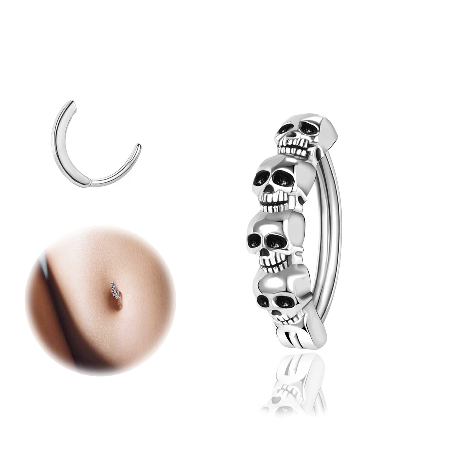 ZSPiercing de ombligo de plata de ley 925 con diseño de calavera de 14 g para mujer, piercing de ombligo curvado inverso, joyería corporal, Plata de ley, No es una piedra preciosa
