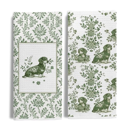 Image of Green Chinoiserie Dachshund Kitchen Towels Set of 2 | Perfect for Dachshund lovers, dog moms, housewarmings, birthdays, and holiday gifting.