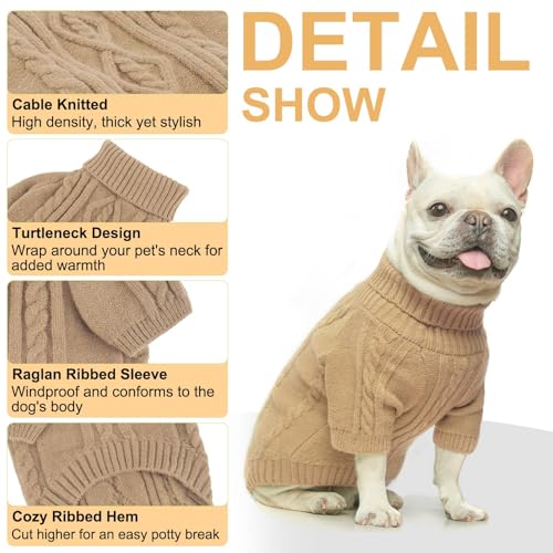 Image of BEAUTYZOO Dog Sweaters for Small Dogs, Knit Clothes with Harness Hole | Turtleneck Pullover Fall Winter Knitwear, Fuzzy Fleece Cold Weather Coat for Girl Boy Puppy, Warm Pet Sweatshirt, Beige S