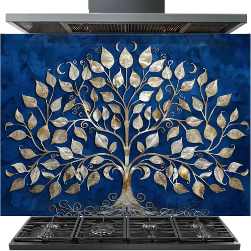 Blue Tree of Life Tempered Glass Backsplash for Kitchen, Easy to Clean Glass Backsplash, 10K UV Printing Stove Backsplash, Personalized Oven Backsplash, Easy Multi-Mount Kitchen Backsplash