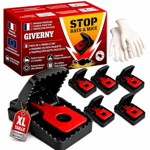 GIVERNY Piège à Rats & Souris XXL (Lot de 6) – Tapette Ultra-Puissante Réutilisable, Sensible & Sécurisée, Anti Rongeurs, Non Toxique, avec Gants Offerts – Intérieur & Extérieur