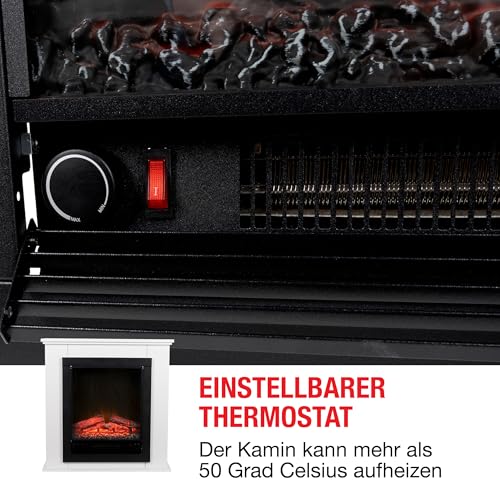 Classic Fire Lugano Elektrokamin mit Heizung – Elektroheizung 1800W - Kaminofen mit Heizung, Schalttafel und Timer - Elektroherd mit LED-Flammen - Freistehend - Weiß