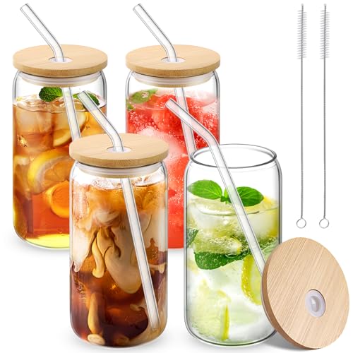 Image of CWHHRN Glass Cups with Lid and Straw, 16oz Beer Glasses Glass Coffee Cups, Iced Coffee Cups with Lid, Glass Tumbler with Straw and Lid (4 PACK)